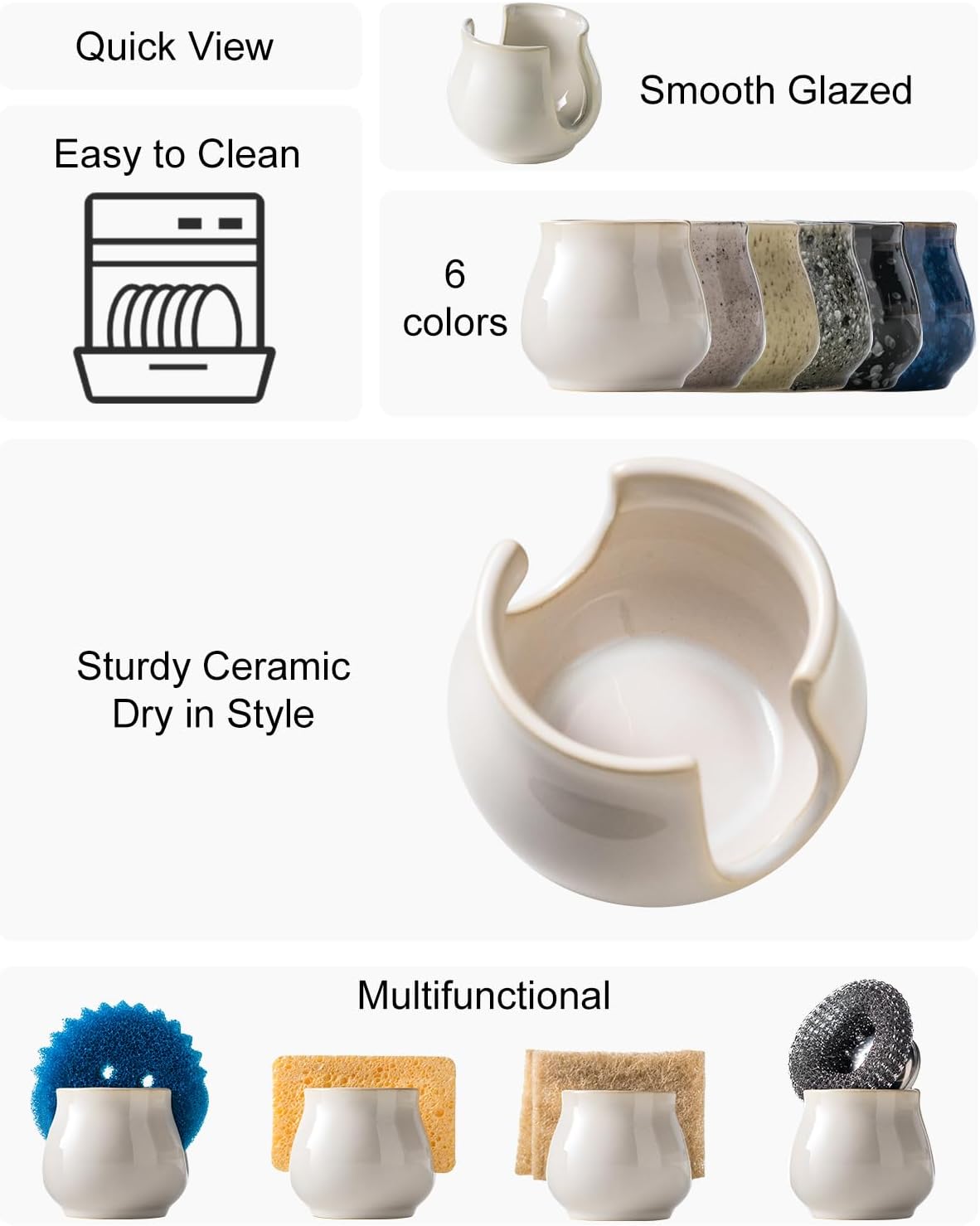 Sponge Holder for Kitchen Sink Counter, Ceramic Dish Sponge Caddy White Sink Organizer Dish Rack