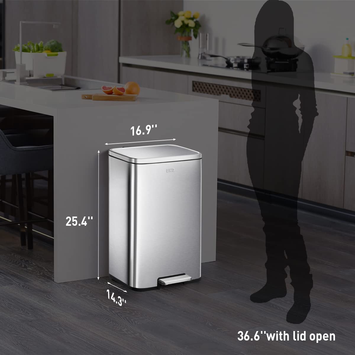 EKO Madison Brushed Stainless 50 Liter/13.2 Gallon Step Trash Can with Inner Liner - Fingerprint