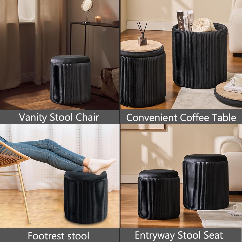 Round Set of 2 Ottoman with Storage-Upholstered Velvet Vanity Stool for Makeup Multifunctional