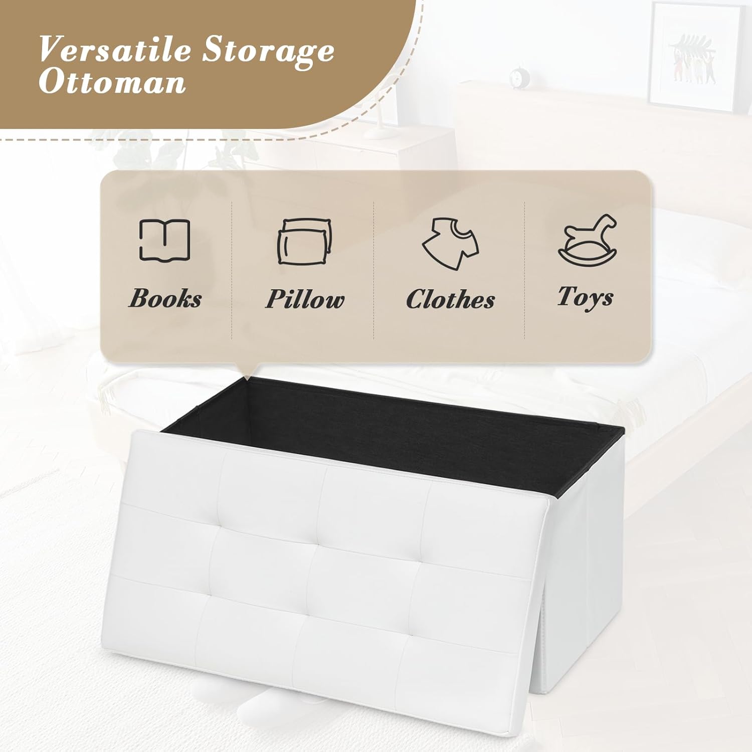 Athena Collection 30" Storage Ottoman Bench Folding Bench with 90L Hidden Storage, Large End of Bed