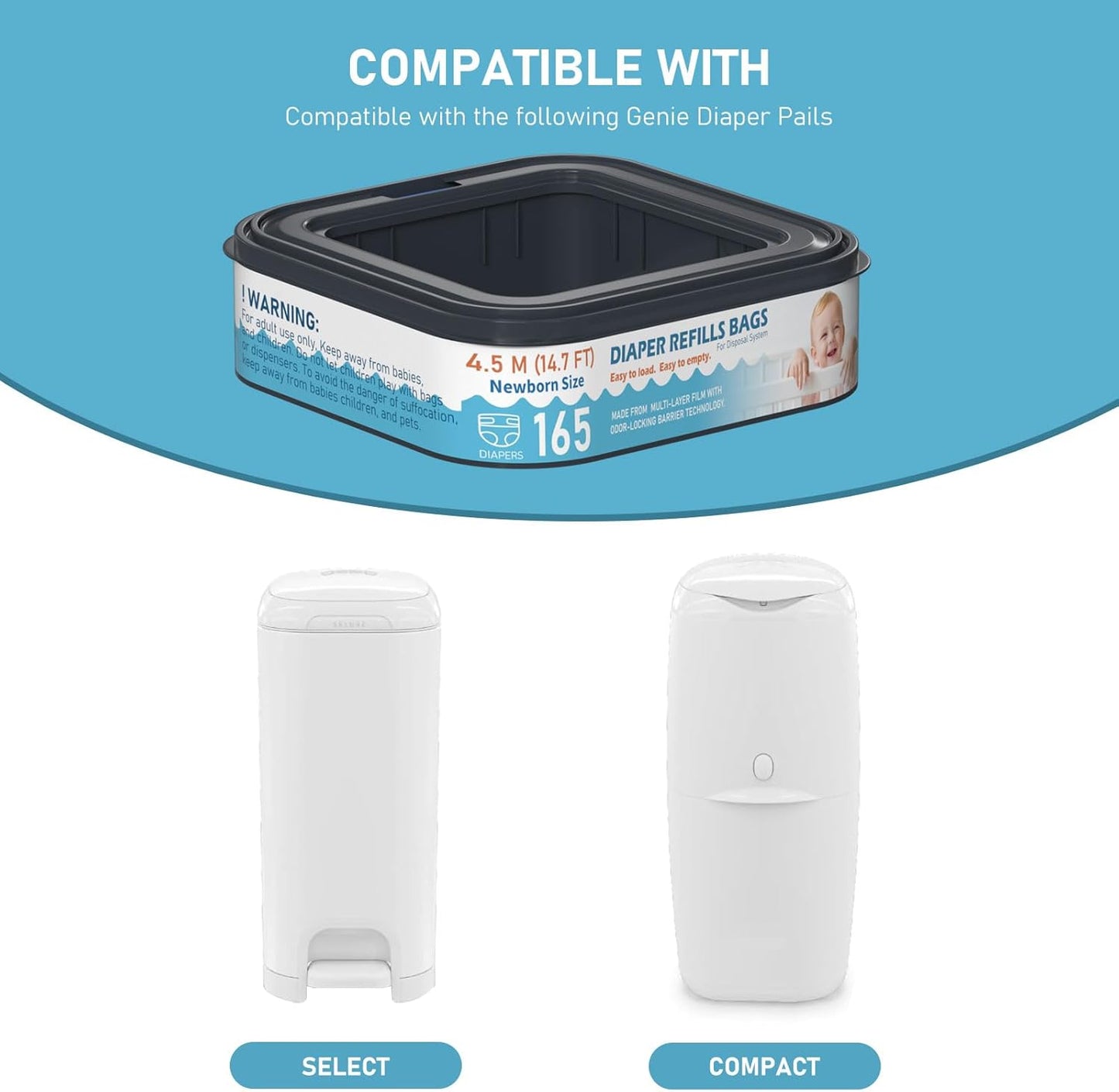 Square Starter Refills Disposal Bags Refill Compatible with Diaper Genie Compact and Select Pails