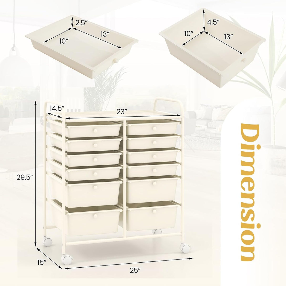 GOFLAME 12-Drawer Rolling Storage Cart, Multipurpose Organizer Cart with 2 Sizes Plastic Drawers
