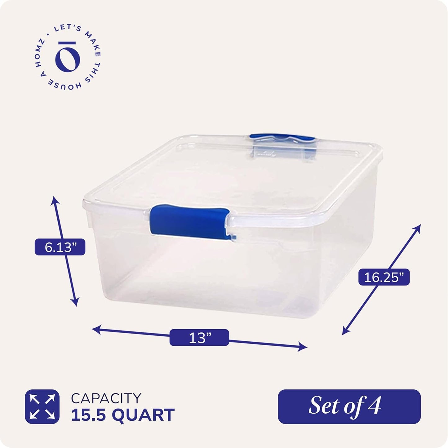 HOMZ 4-Pack Latching Lid, Small Clear Plastic Storage Bins w/ Lids, 15.5 Quart, Blue Latch