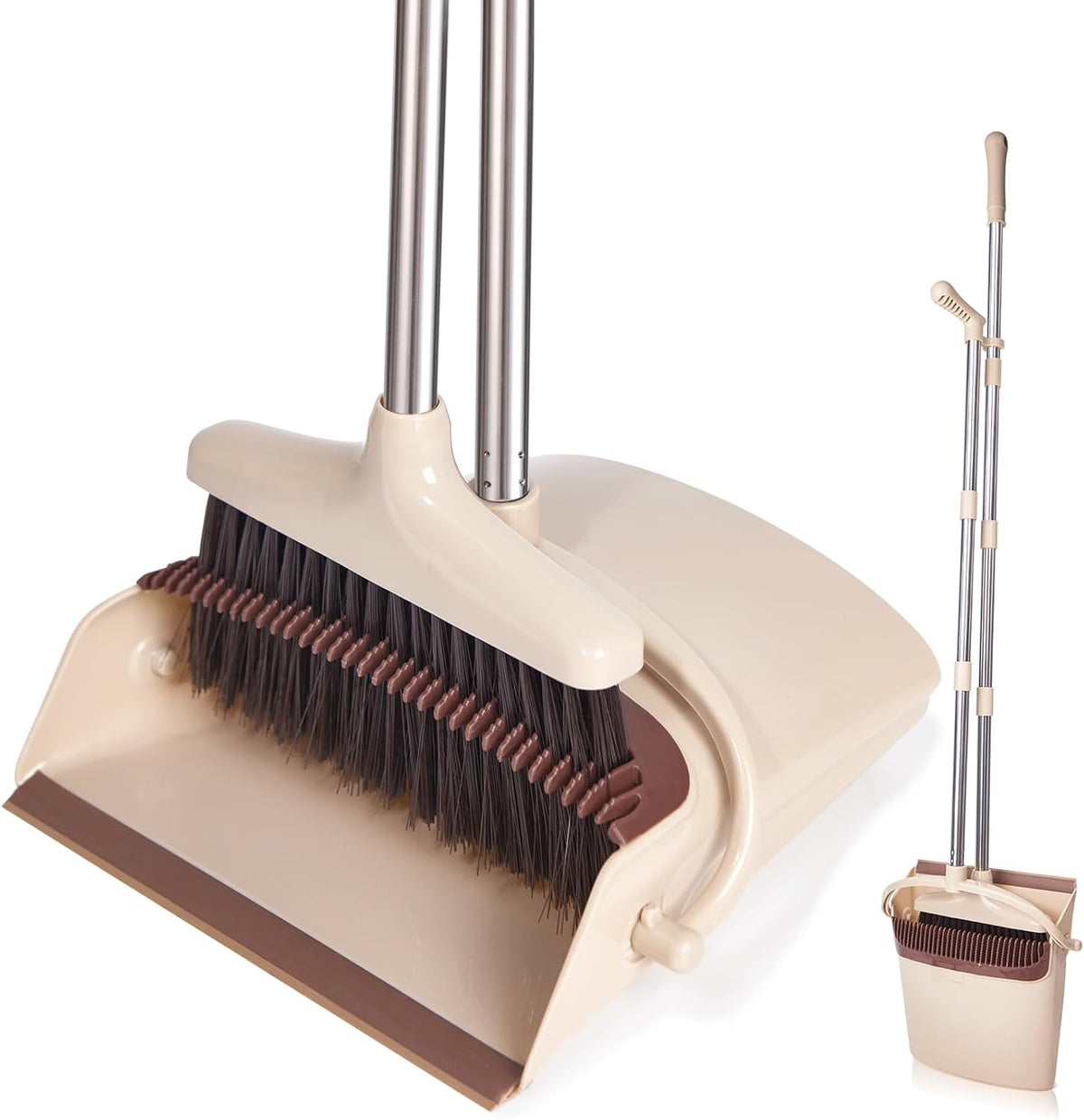 Broom and Dustpan Set with Long Handle, Light Weight Stainless Steel Poles Stand Upright Dustpans
