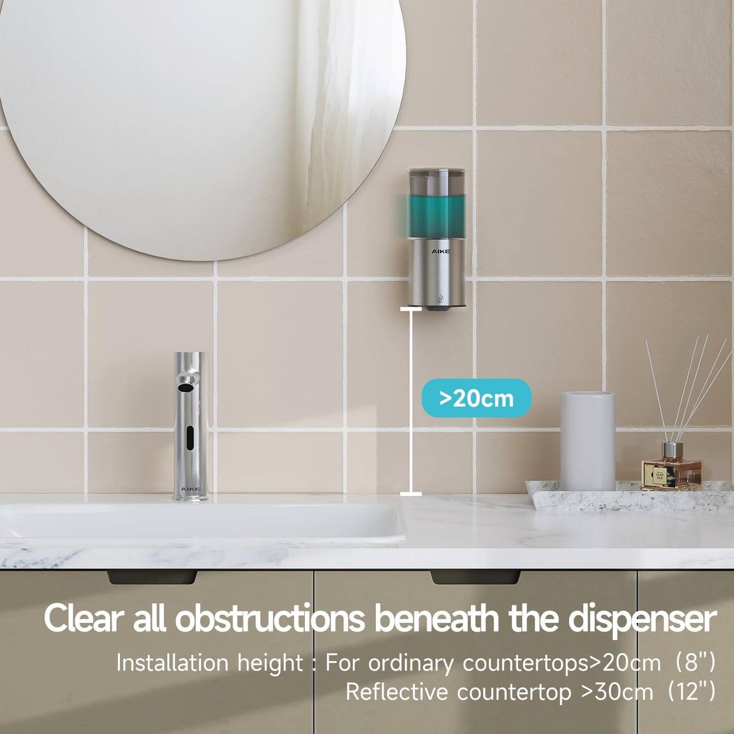 AIKE Automatic Soap Dispenser Wall Mounted for Kitchen and Bathroom, IPX7 Waterproof with Brushed