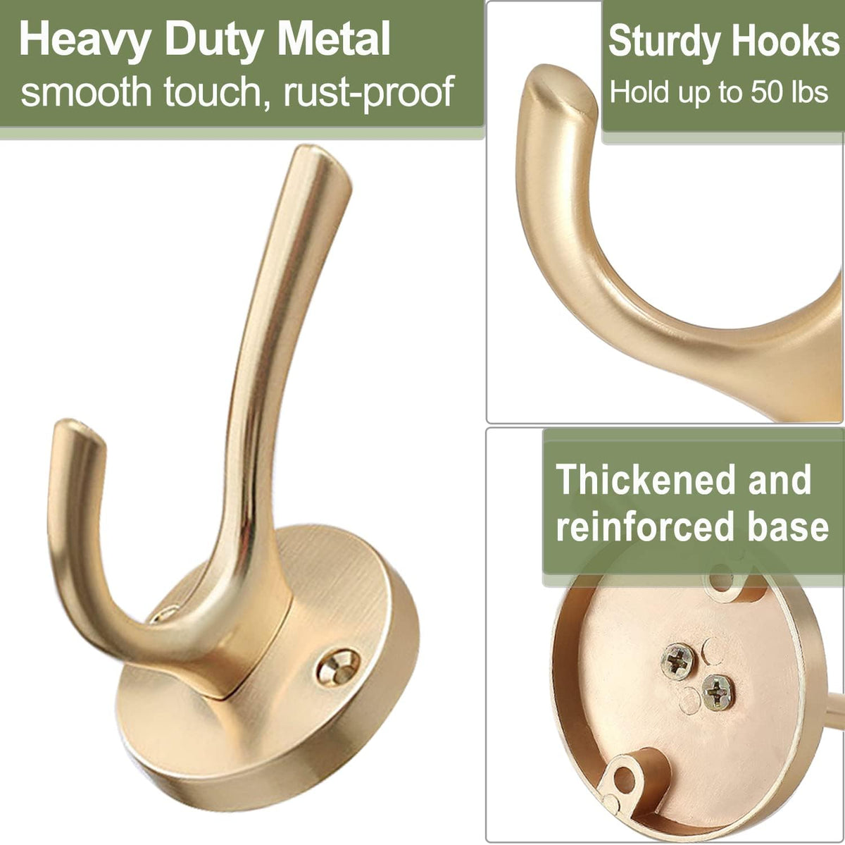 Gold Coat Hooks for Wall, 3 Pack Towel Hook Heavy Duty Metal Double Bath Robe Hook Wall Mount, Hat
