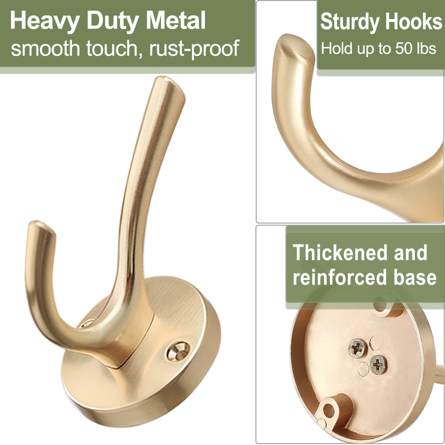 Gold Coat Hooks for Wall, 2 Pack Heavy Duty Towel Robe Hooks, Hats Hooks for Entryway Cubicle