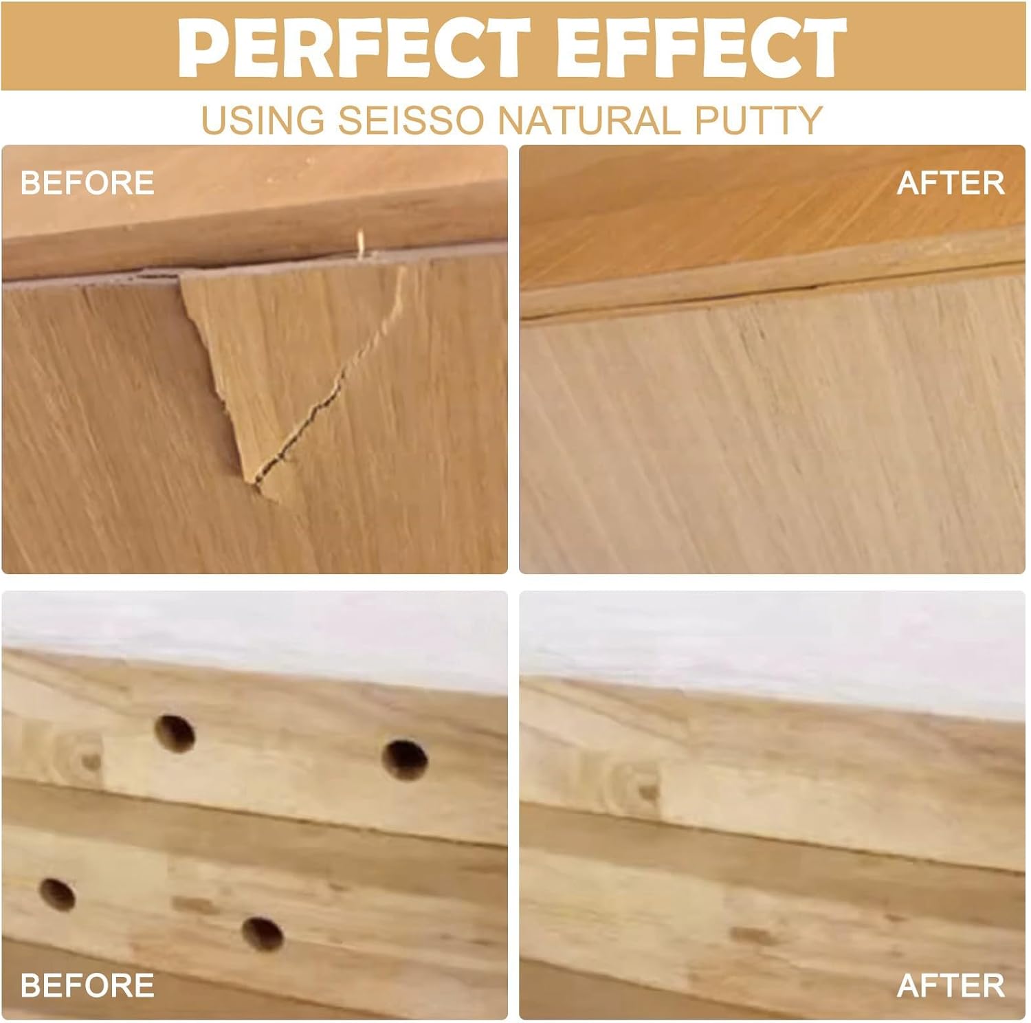 SEISSO Wood Filler, Natural Wood Putty for Trim, Wood Filler Paintable, Stainable, Water-Based Wood