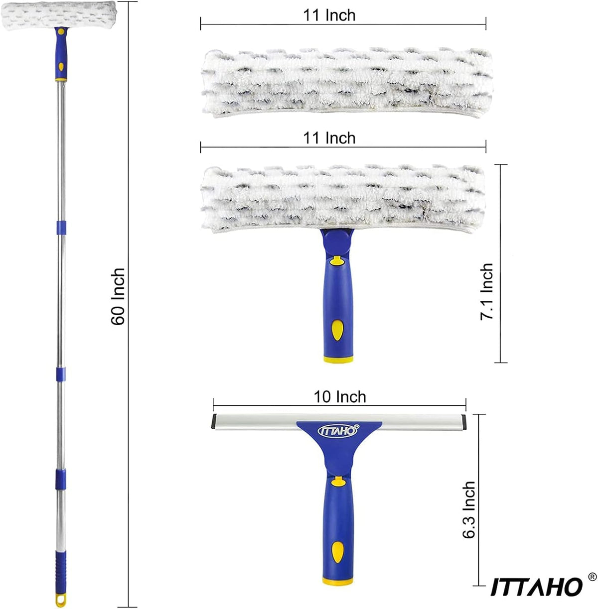 ITTAHO Window Washing Kit with Extension Pole, 10" Squeegee & 11" Microfiber Scrubber Combi with