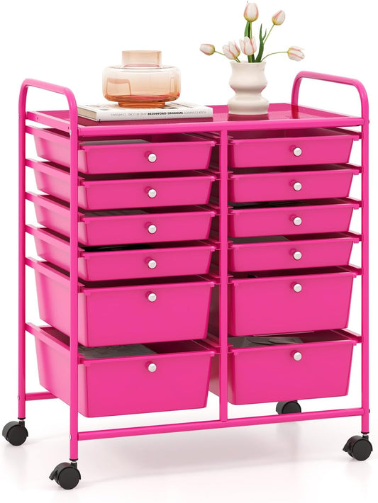 GOFLAME 12-Drawer Rolling Storage Cart, Multipurpose Organizer Cart with 2 Sizes Plastic Drawers