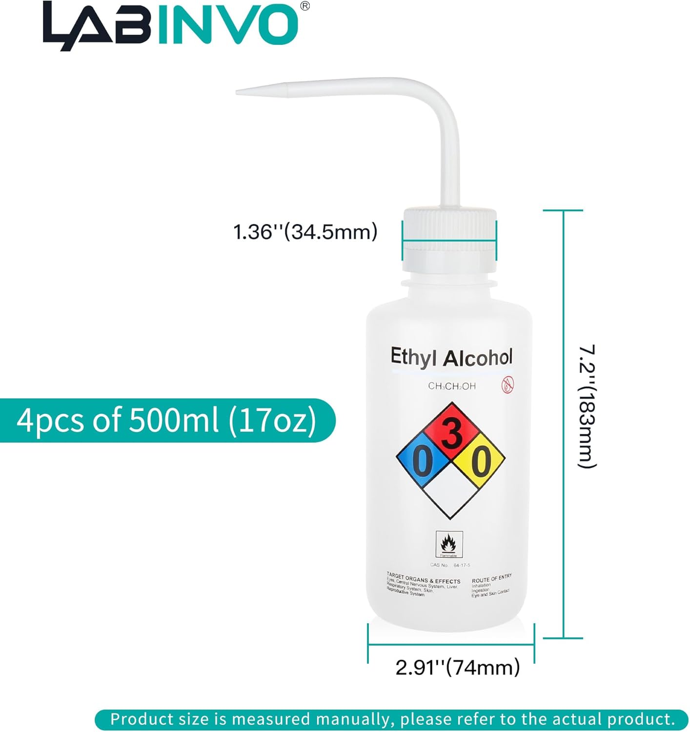 4PCS of Ethyl Alcohol Wash Bottles, Vol.500ml (17oz), Narrow Mouth, Self-Venting Safety Wash