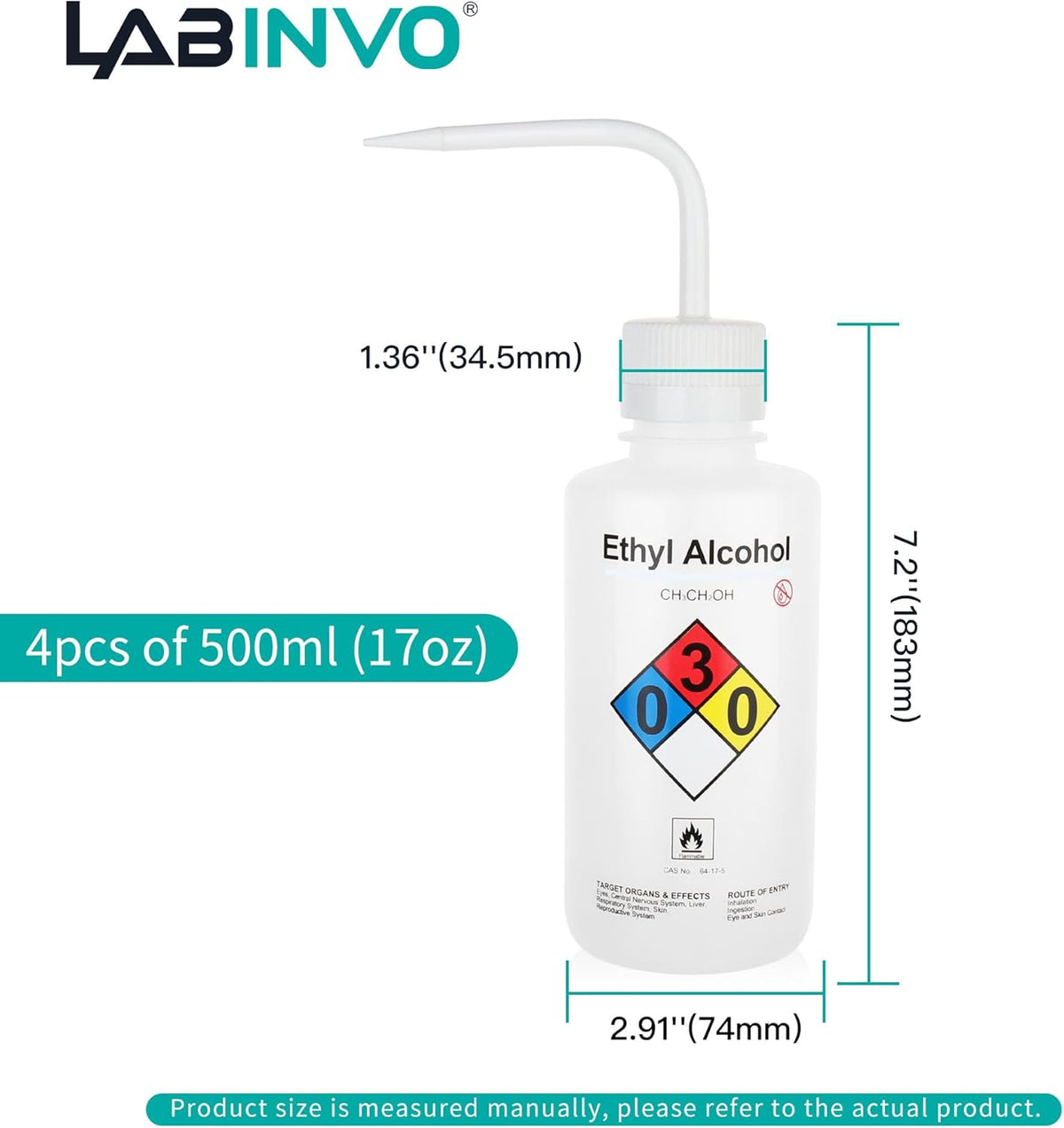 4PCS of Ethyl Alcohol Wash Bottles, Vol.500ml (17oz), Narrow Mouth, Self-Venting Safety Wash