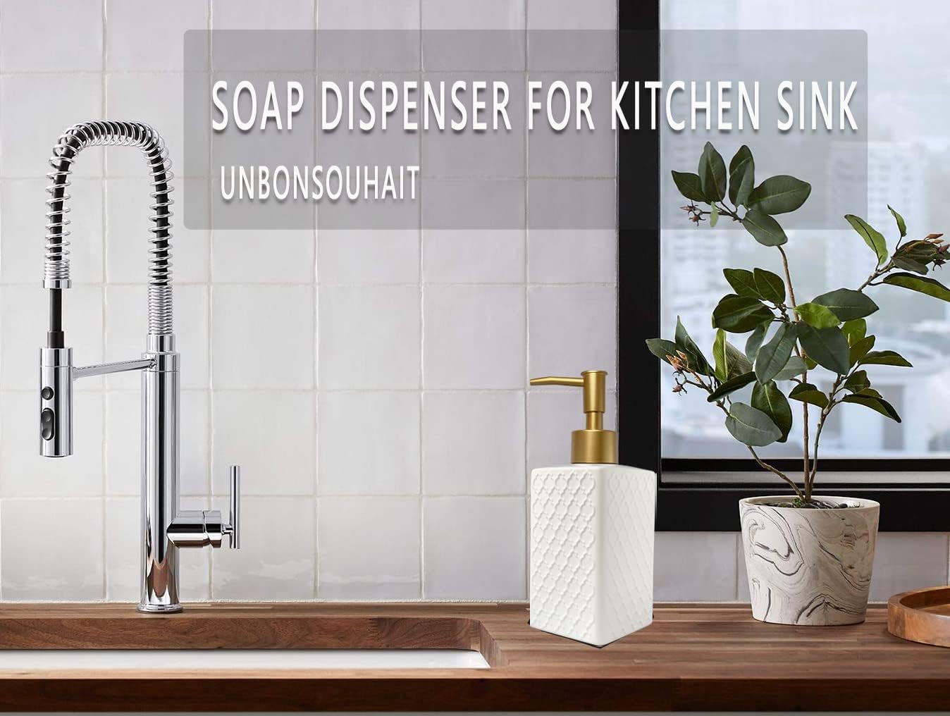 Gold Soap Dispenser for Bathroom,Retro White Square Lotion Dispenser, Refillable Countertop Ceramic