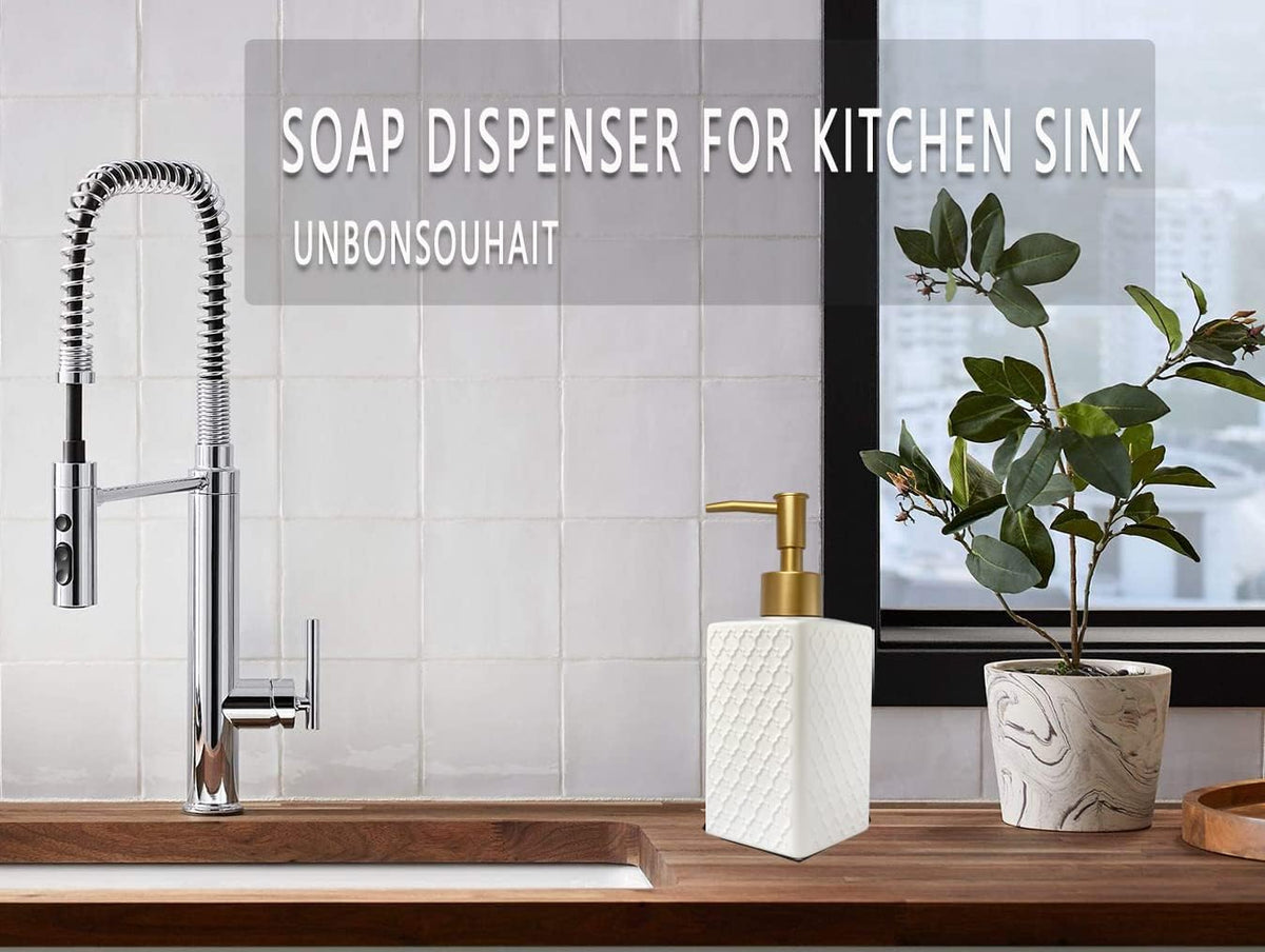 Gold Soap Dispenser for Bathroom,Retro White Square Lotion Dispenser, Refillable Countertop Ceramic