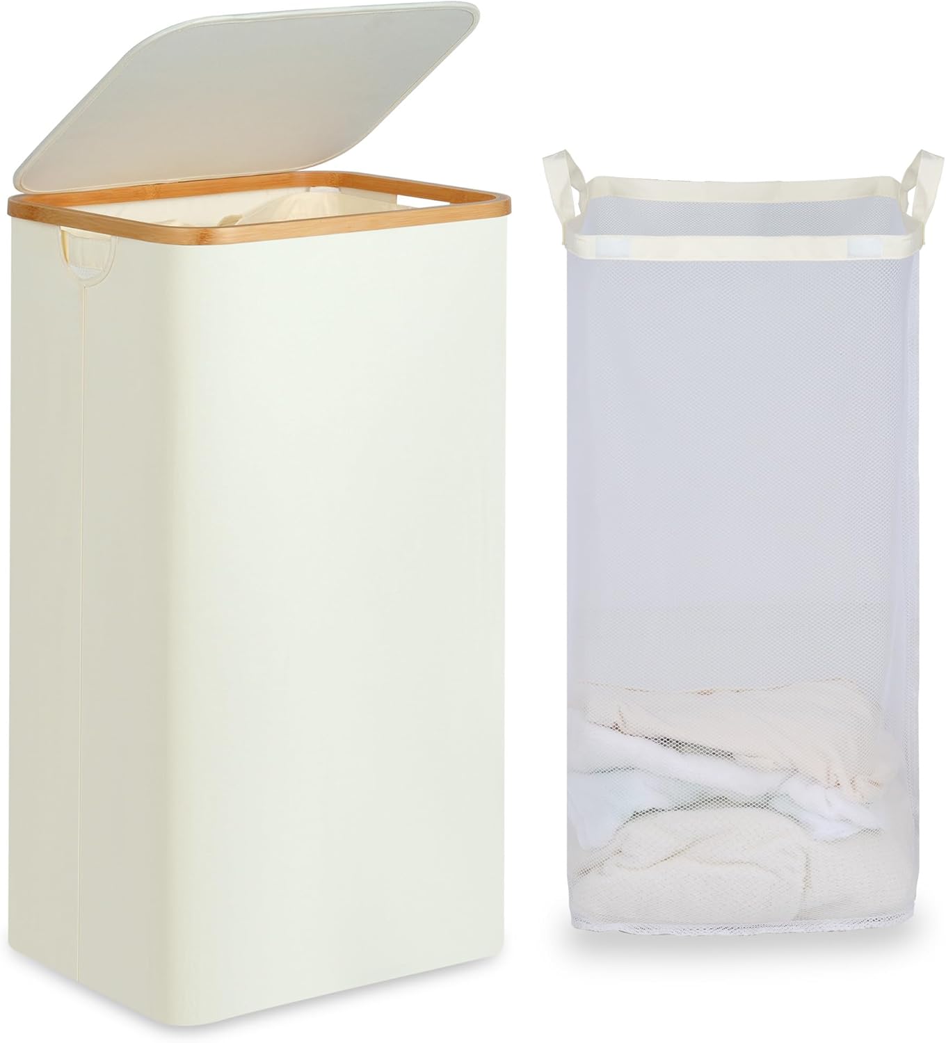 efluky Laundry Basket with Lid and Removable Bag, 100L Tall Laundry Hamper with Bamboo Handles