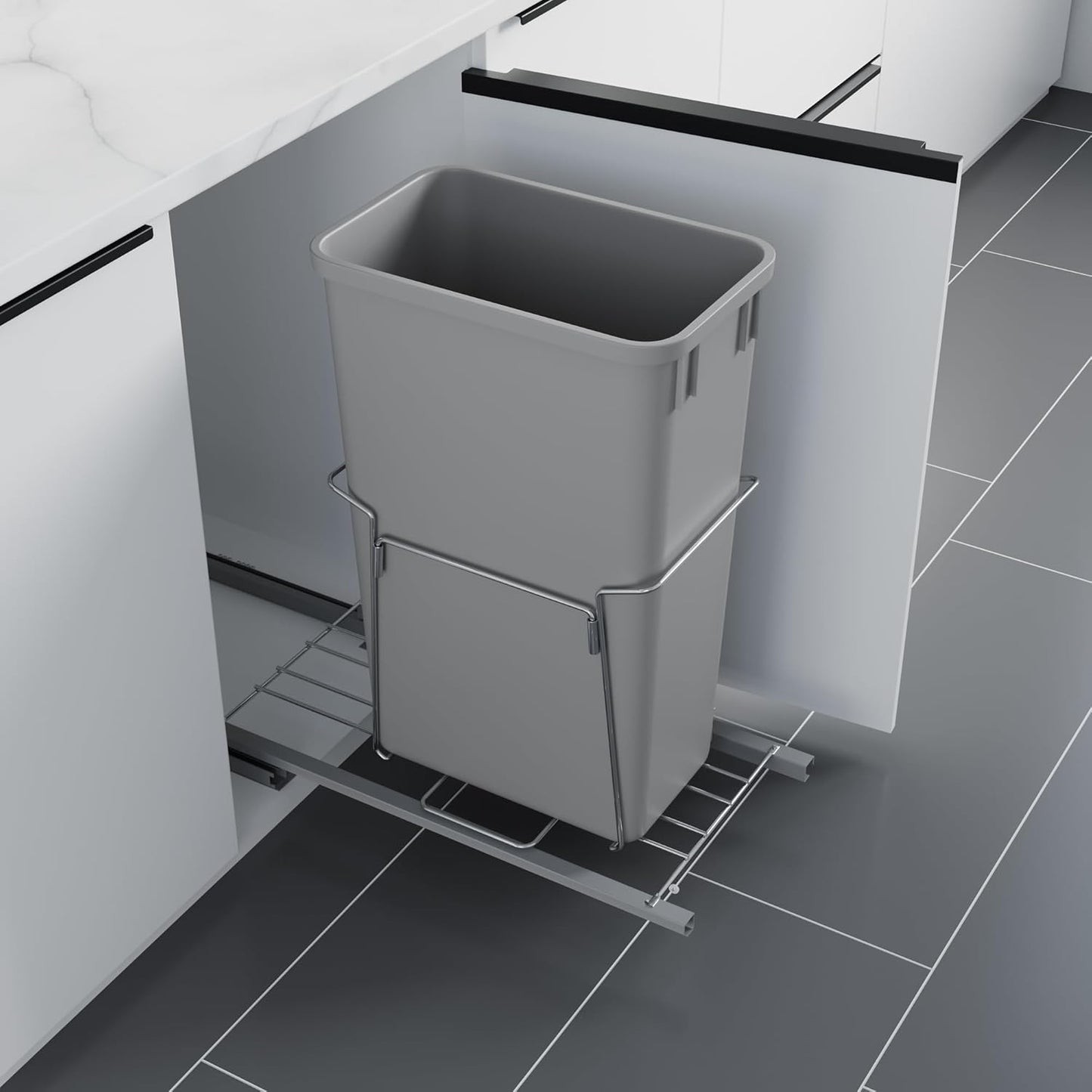 Dowell B15 Aluminum Base Wastebasket Pullout with Door Mount and 50Qt/13Gal Plastic Bin (4012