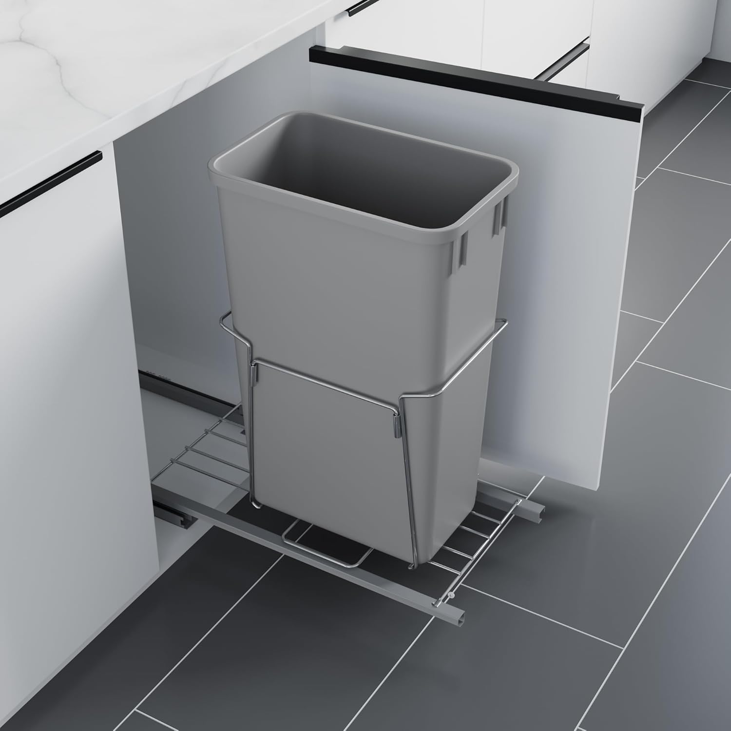 Dowell B15 Aluminum Base Wastebasket Pullout with Door Mount and 50Qt/13Gal Plastic Bin (4012