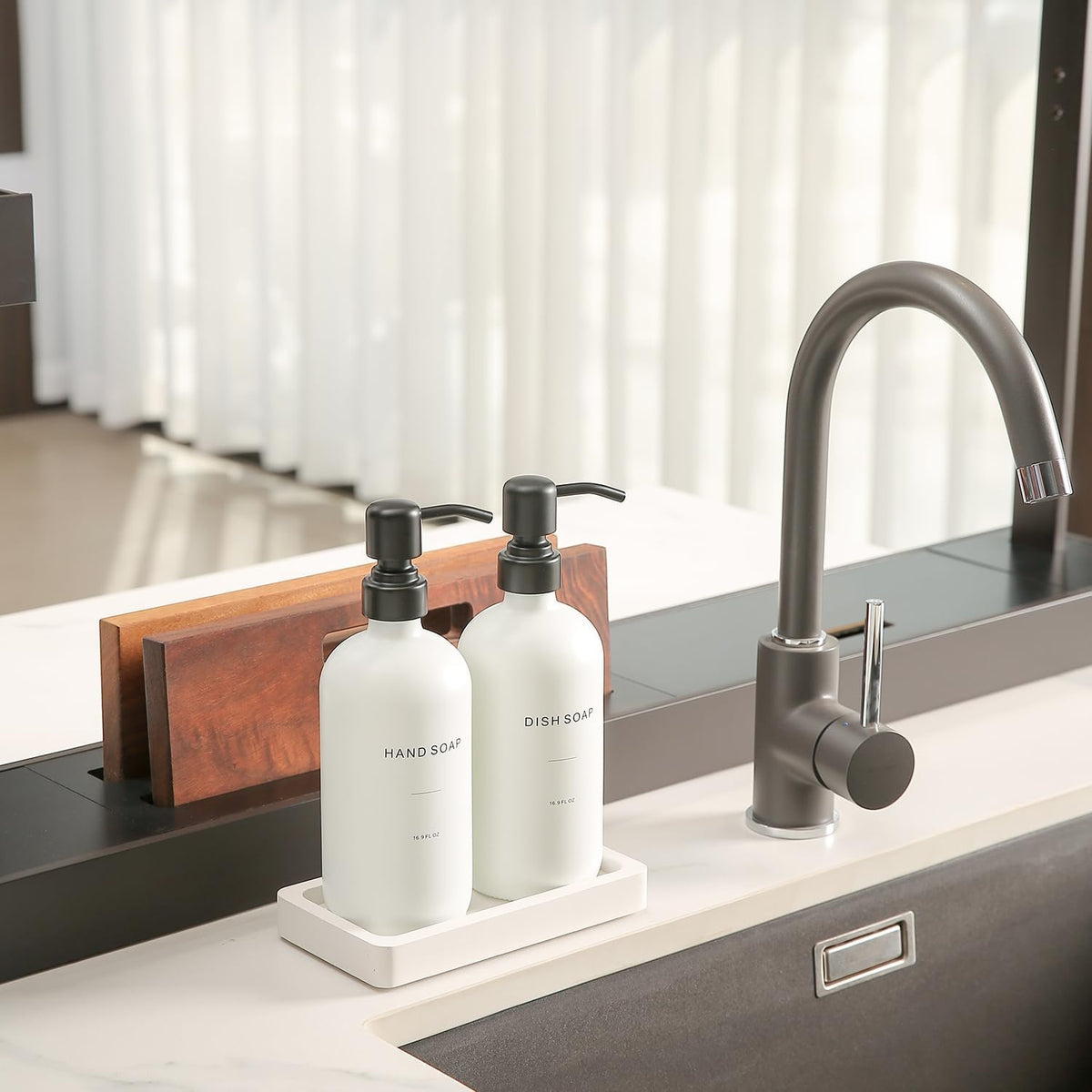 Kitchen Soap Dispenser Set, White Soap Dispenser with Black Stainless Steel Pump, Perfect for