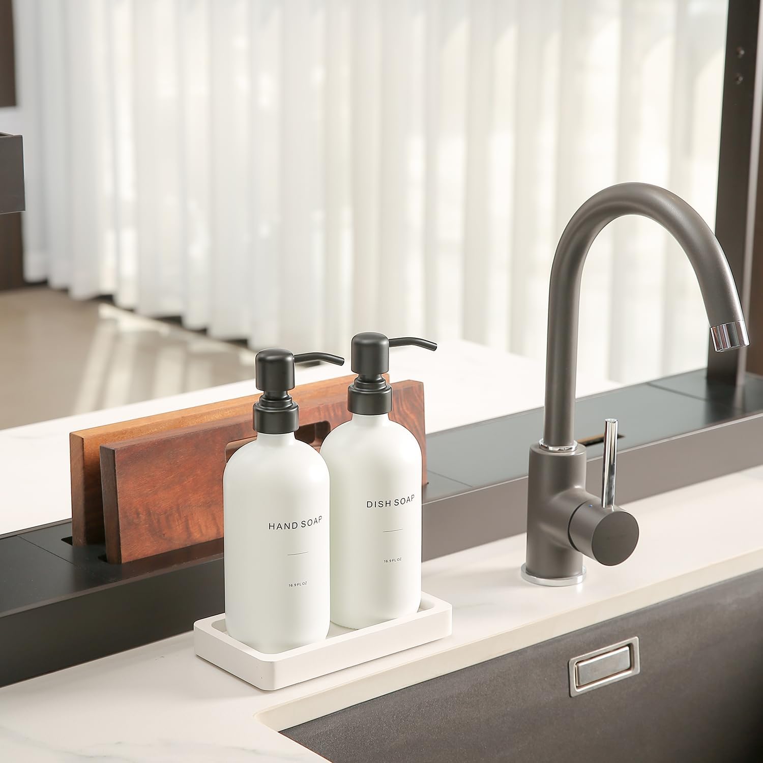 Kitchen Soap Dispenser Set, White Soap Dispenser with Black Stainless Steel Pump, Perfect for
