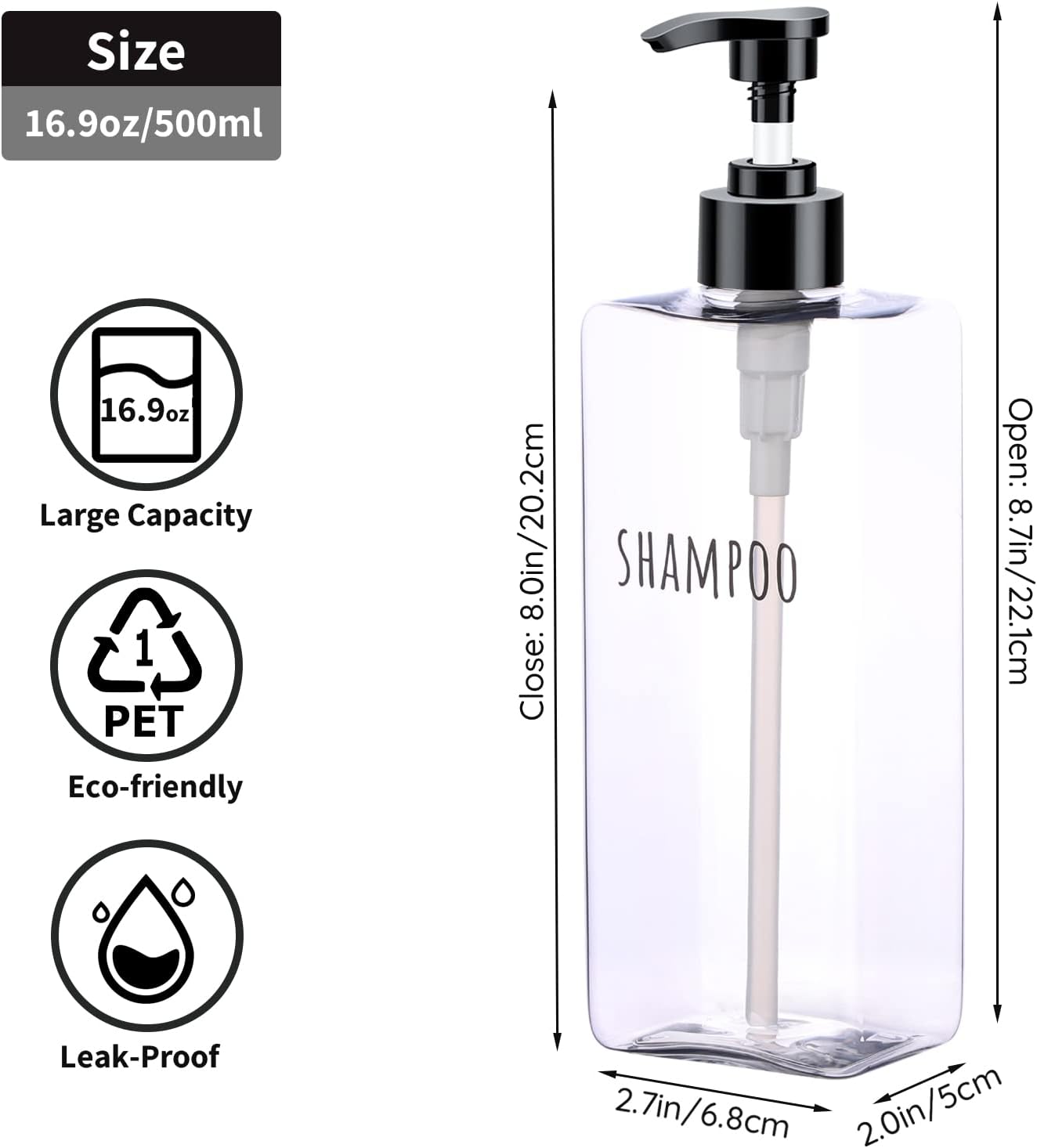 Segbeauty Clear Square Shampoo Bottles, 3pcs 16.9oz Refillable Plastic Lotion Dispenser with Pump