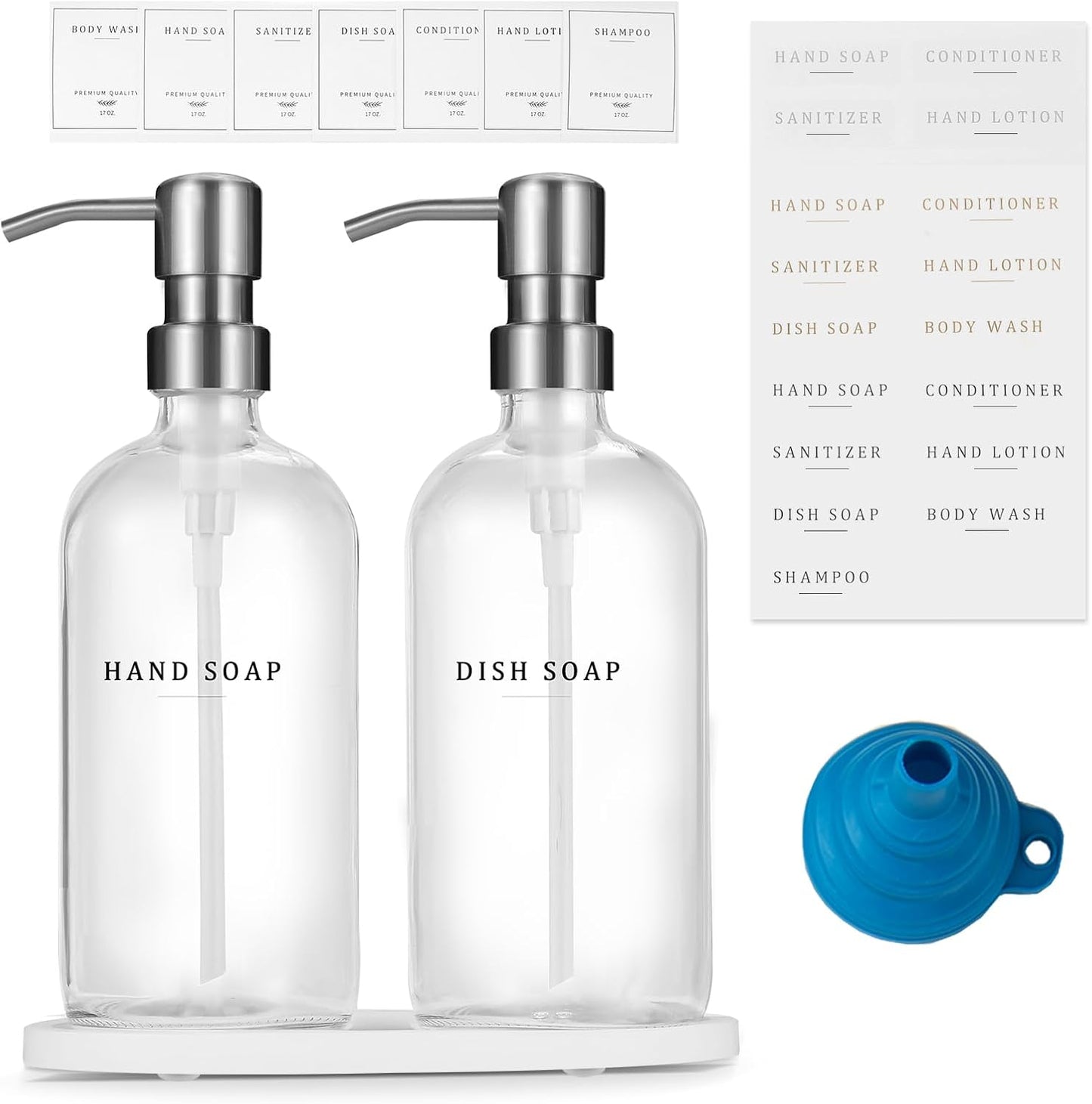 Glass Soap Dispenser - Dish Hand Soap Dispenser Set for Kitchen, Bathroom Soap Lotion Dispenser