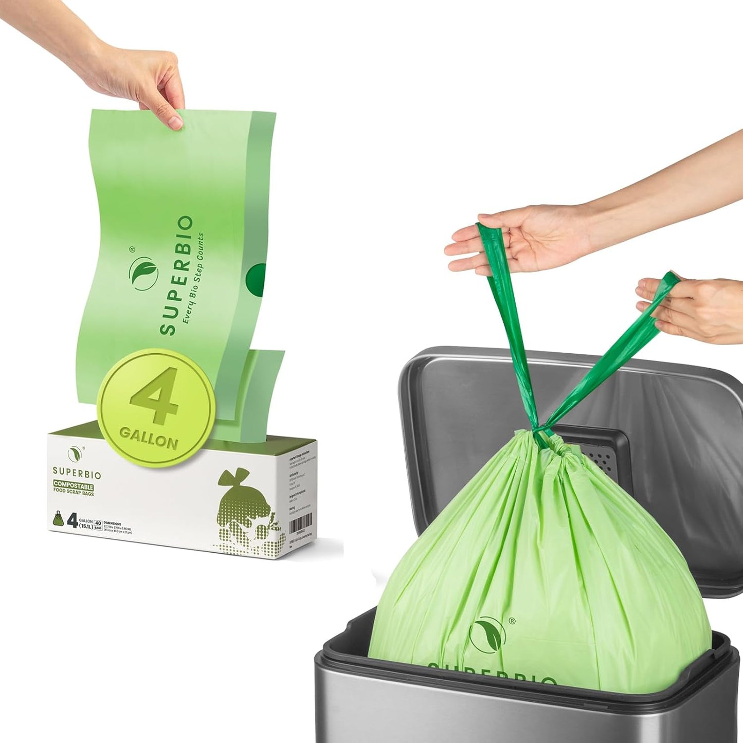 SUPERBIO 4 Gallon Compostable Drawstring Food Scrap Bags,15.1 Liter, 40 Count, 0.9 Mil,Heavy Duty