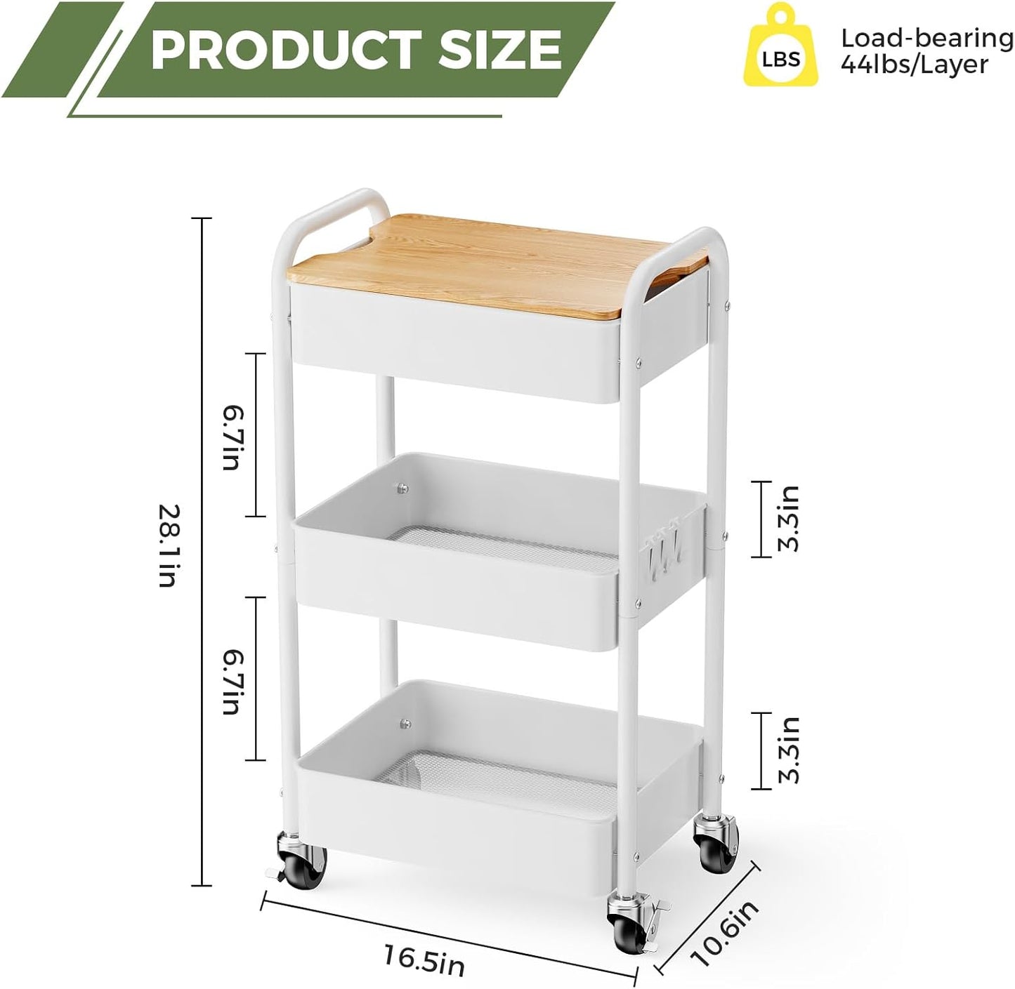 3 Tier Rolling Cart with Table top, Metal Rolling Utility Cart on Wheels, Sturdy Storage Organizer