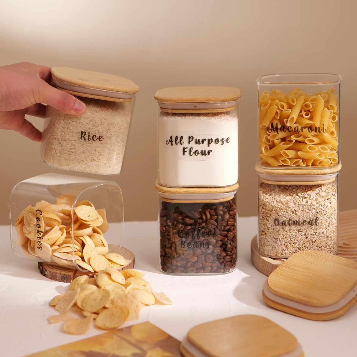 6 Pcs Square Glass Pantry Storage Containers with Bamboo Airtight Lid and 248 Clear Pantry Labels