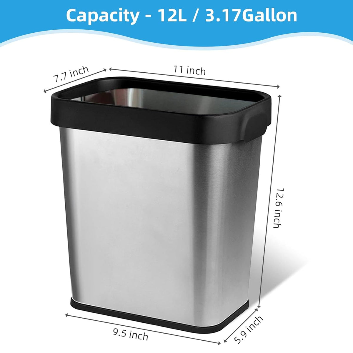 2 Pack Stainless Steel Trash Can 3 Gallon, Open Top Trash Can, 8" x 11" x 13", Rectangle Rubbish