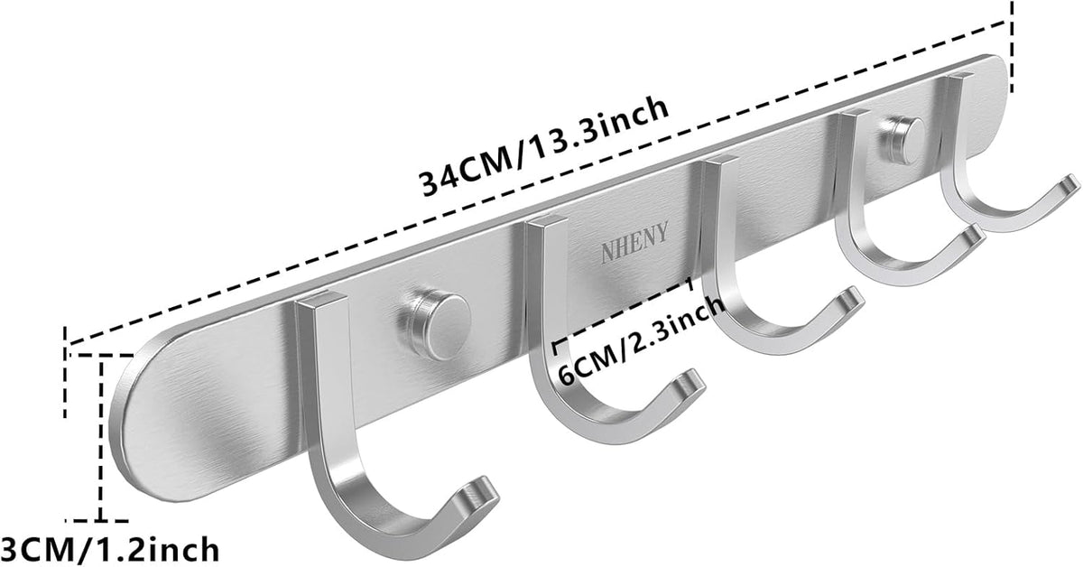 Coat Hook Rack Hanger –Towel Hook Rail with 5 Hooks 13-Inch Wall Mounted for Bedroom, Bathroom