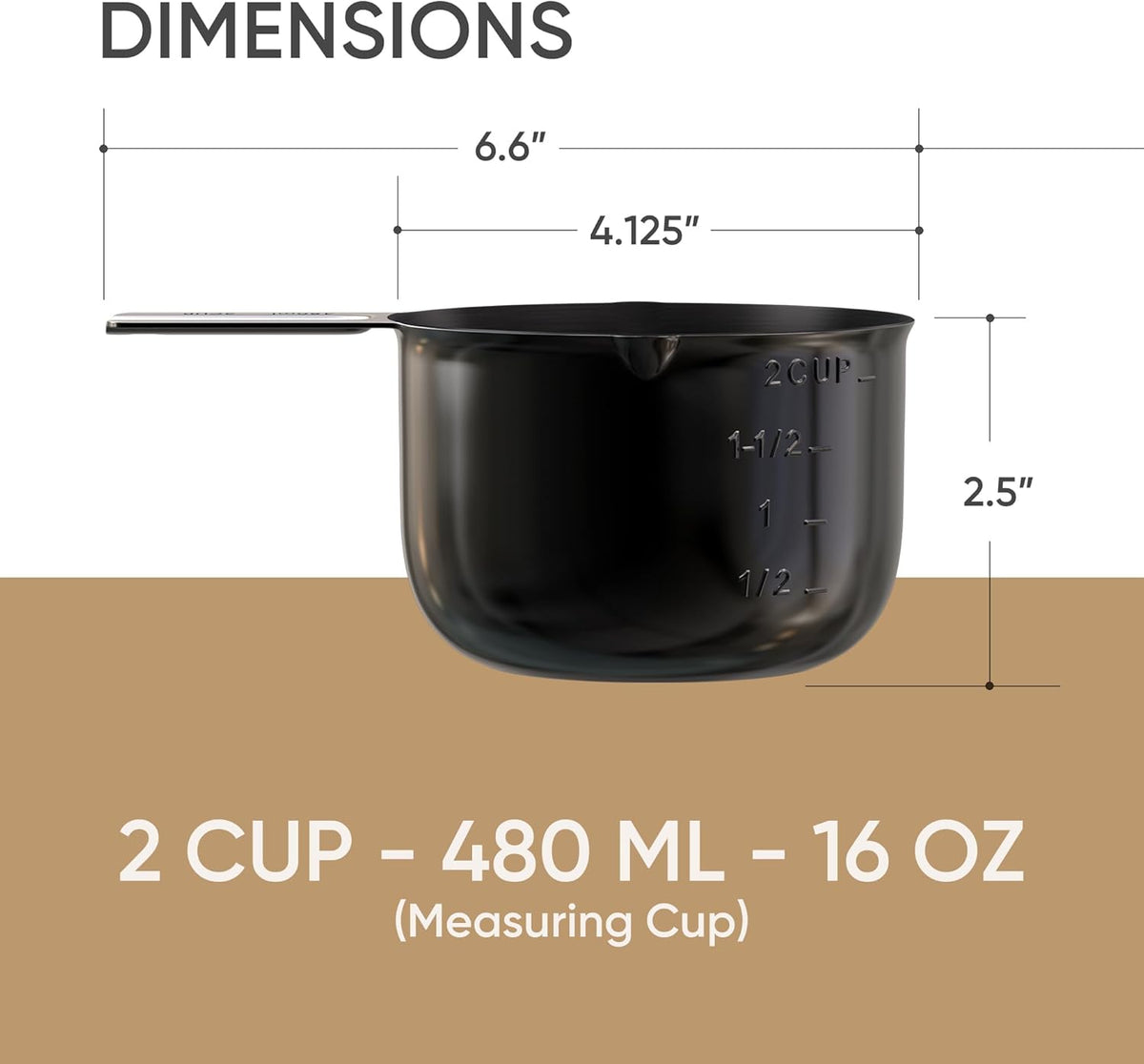 Color Up 2 Cup Measuring Cup, 480ml Black Stainless Steel Metal Measuring Scoop, Easy-Pour Spouts