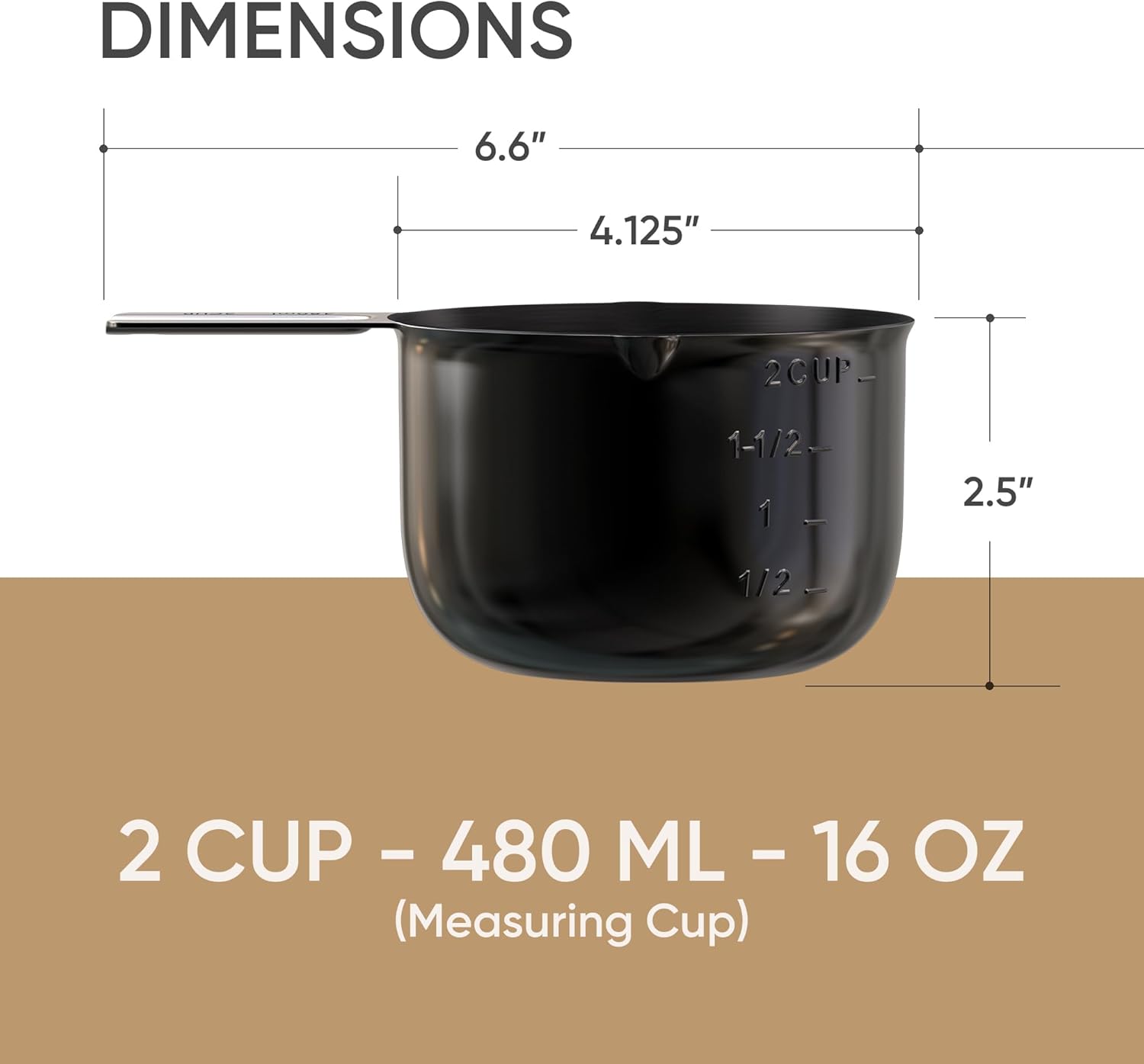 Color Up 2 Cup Measuring Cup, 480ml Black Stainless Steel Metal Measuring Scoop, Easy-Pour Spouts