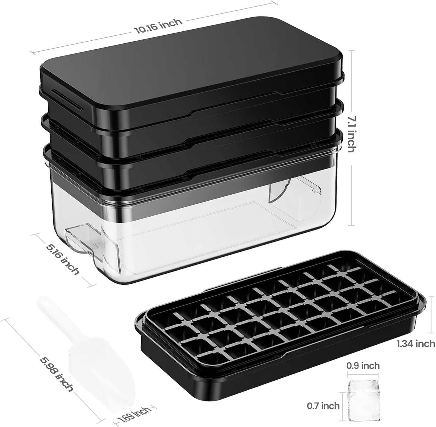 PHINOX Ice Cube Tray with Lid and Bin, 3 Pack Plastic Ice Cube Tray Molds, 96(4*8*3) pcs Ice Trays