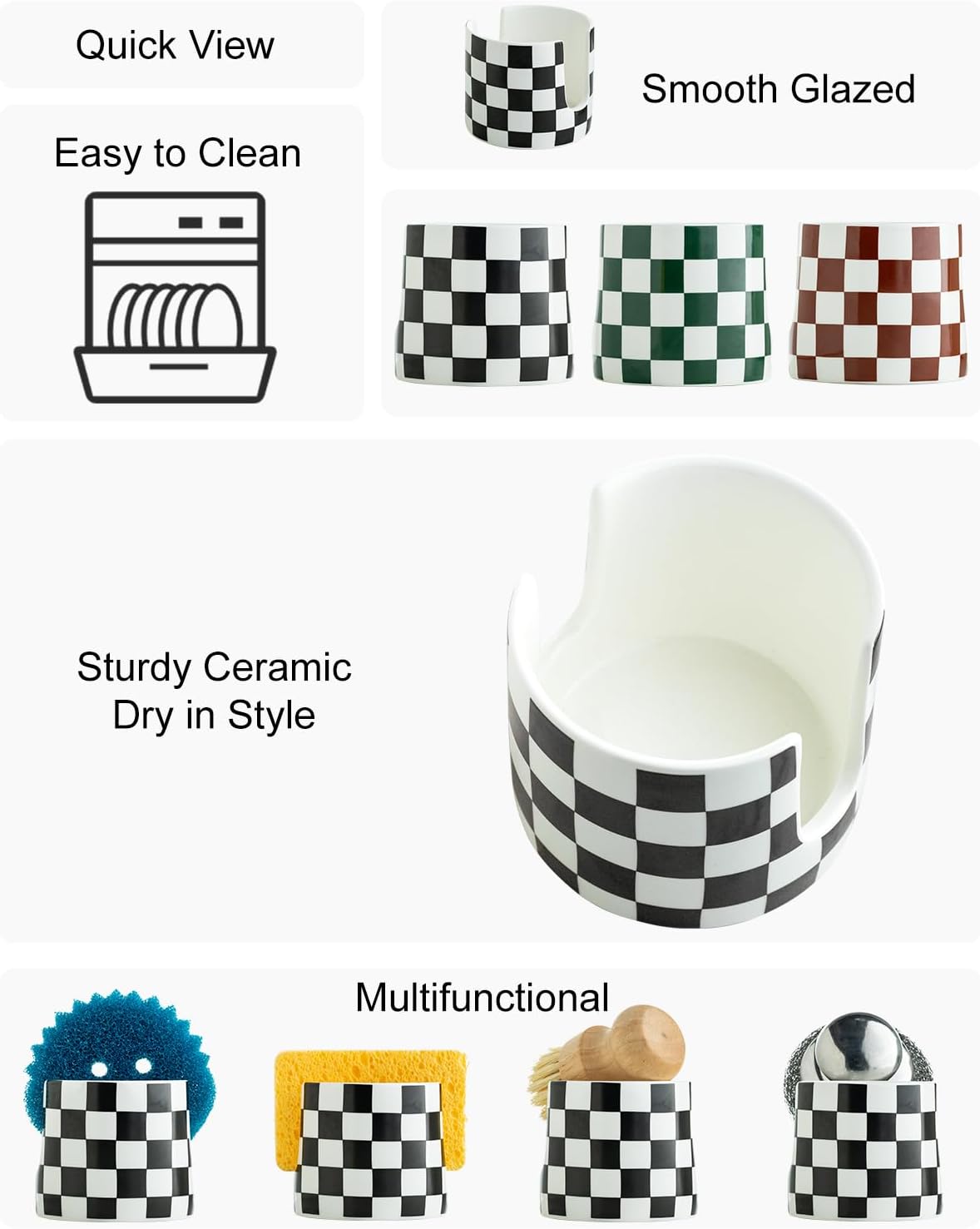 Checkered Kitchen Sink Sponge Holder, Dish Sponge Rack Ceramic Brush Holder Farmhouse Kitchen Dish