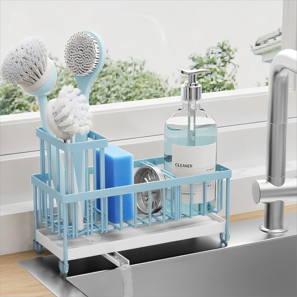 Cisily Blue Sponge Holder for Kitchen Sink, Sink Caddy Organizer with High Brush Holder, Kitchen
