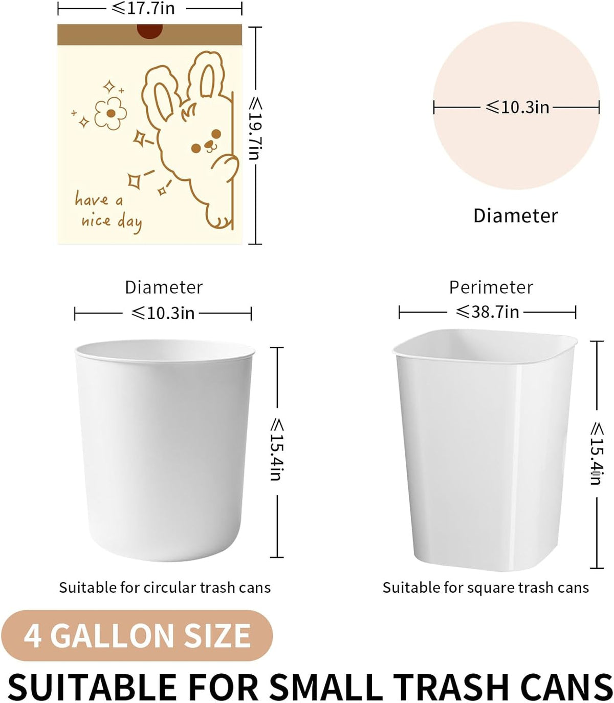 4 Gallon Trash Bags with Cute Rabbit Printed & Drawstring, Tear-Resistant Small Bathroom Garbage