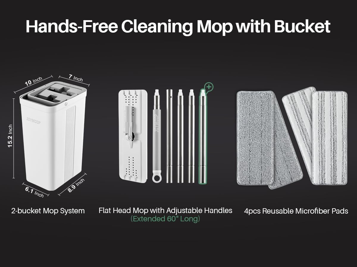 JOYMOOP Mop and Bucket Set with Wringer, Flat Mops for Floor Cleaning, Wall Mop Cleaner with Long