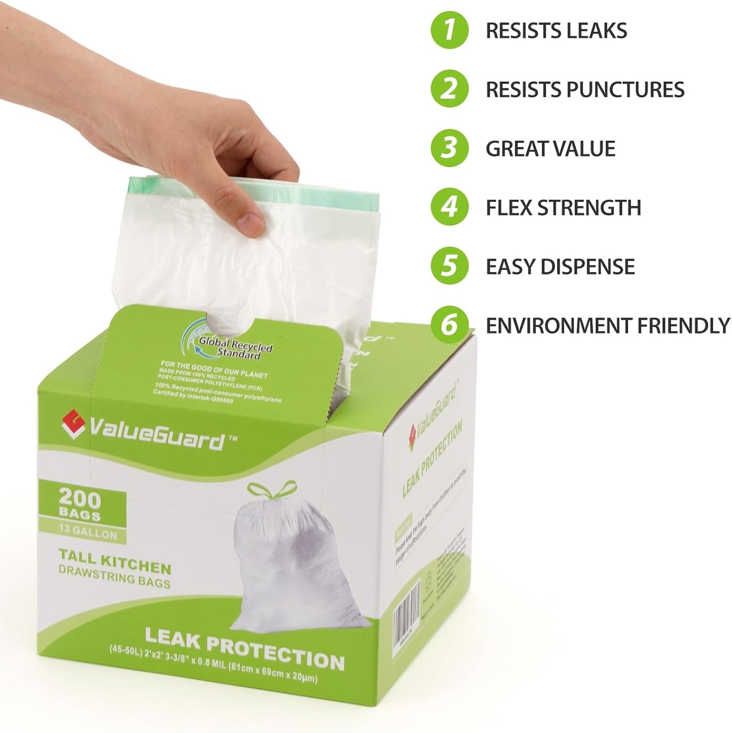 Large Trash Bag 13 Gallon Tall Drawstring 100% Post-Consumer Recycled Garbage Bag Waste Bag for