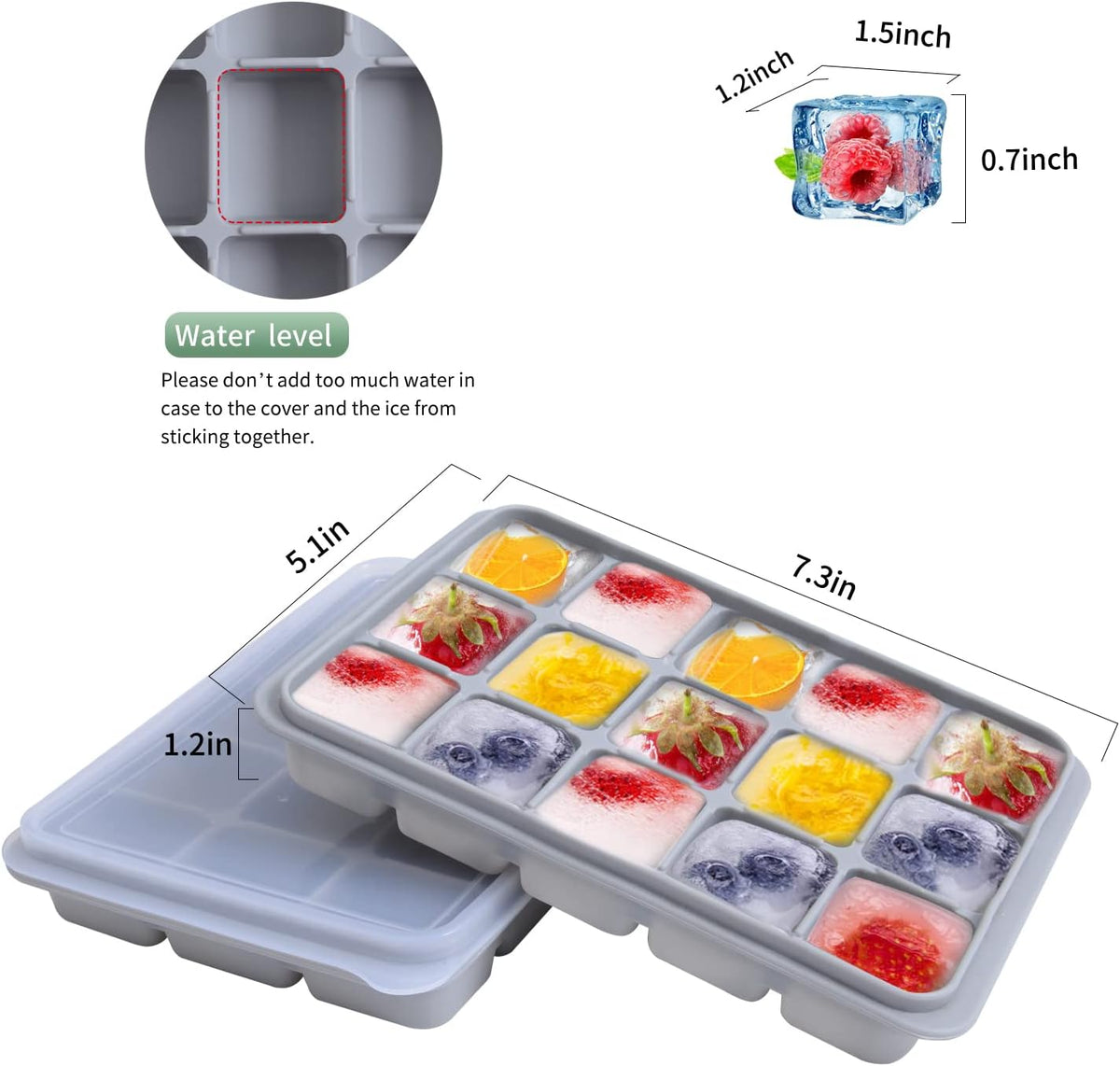 Ice Cube Trays Set of 2, Easy Release 15 Flexible Silicone Ice Cube Molds with Removable Lid