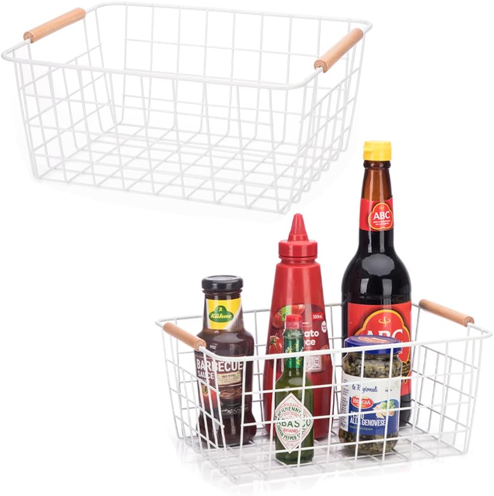 Metal Wire Food Storage Basket Organizer with Wooden Handles for Organizing Kitchen Cabinets, 2