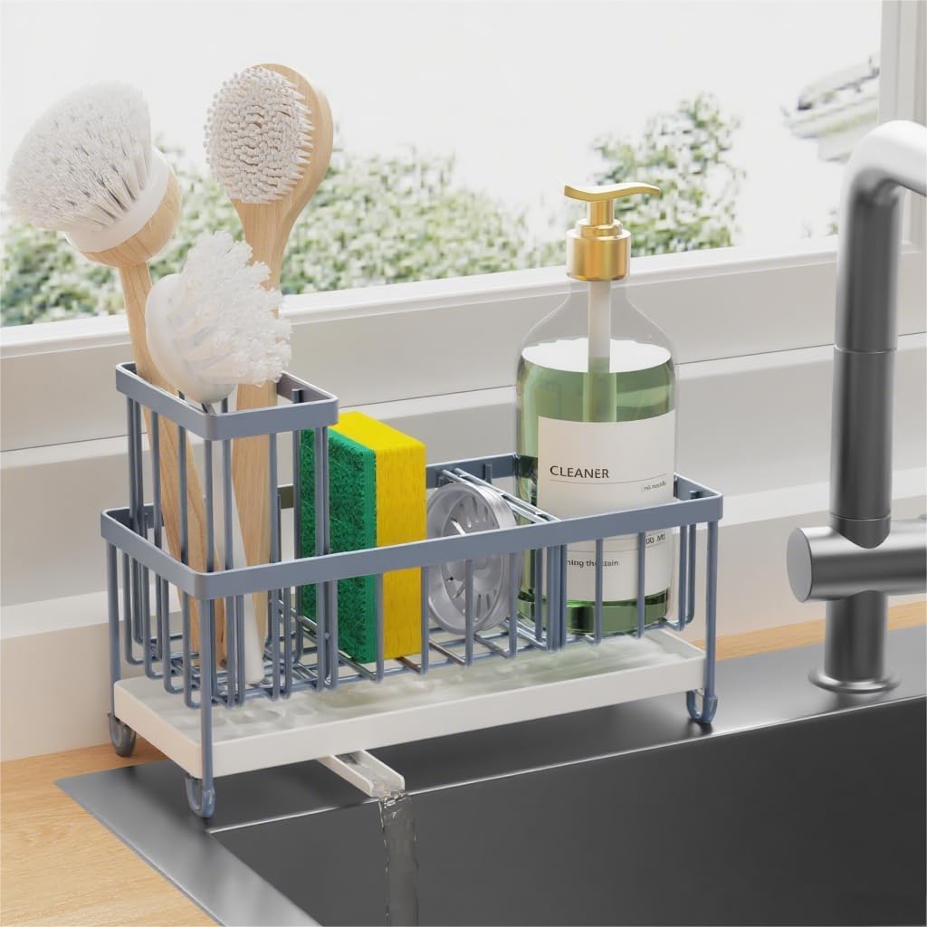 Cisily Blue Gray Sponge Holder for Kitchen Sink, Sink Caddy Organizer with High Brush Holder