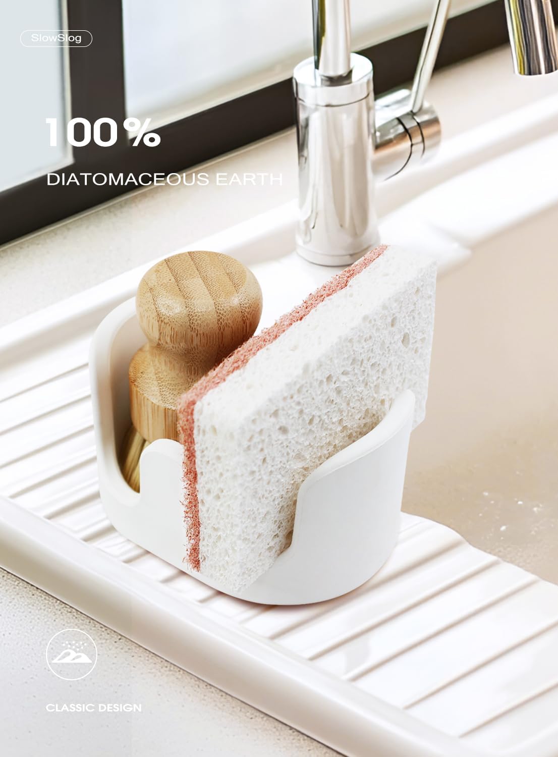 Double Sponge Holder, Water-Absorbing Stone Dish Sponge Caddy for Kitchen Sink Counter, Fast-Drying