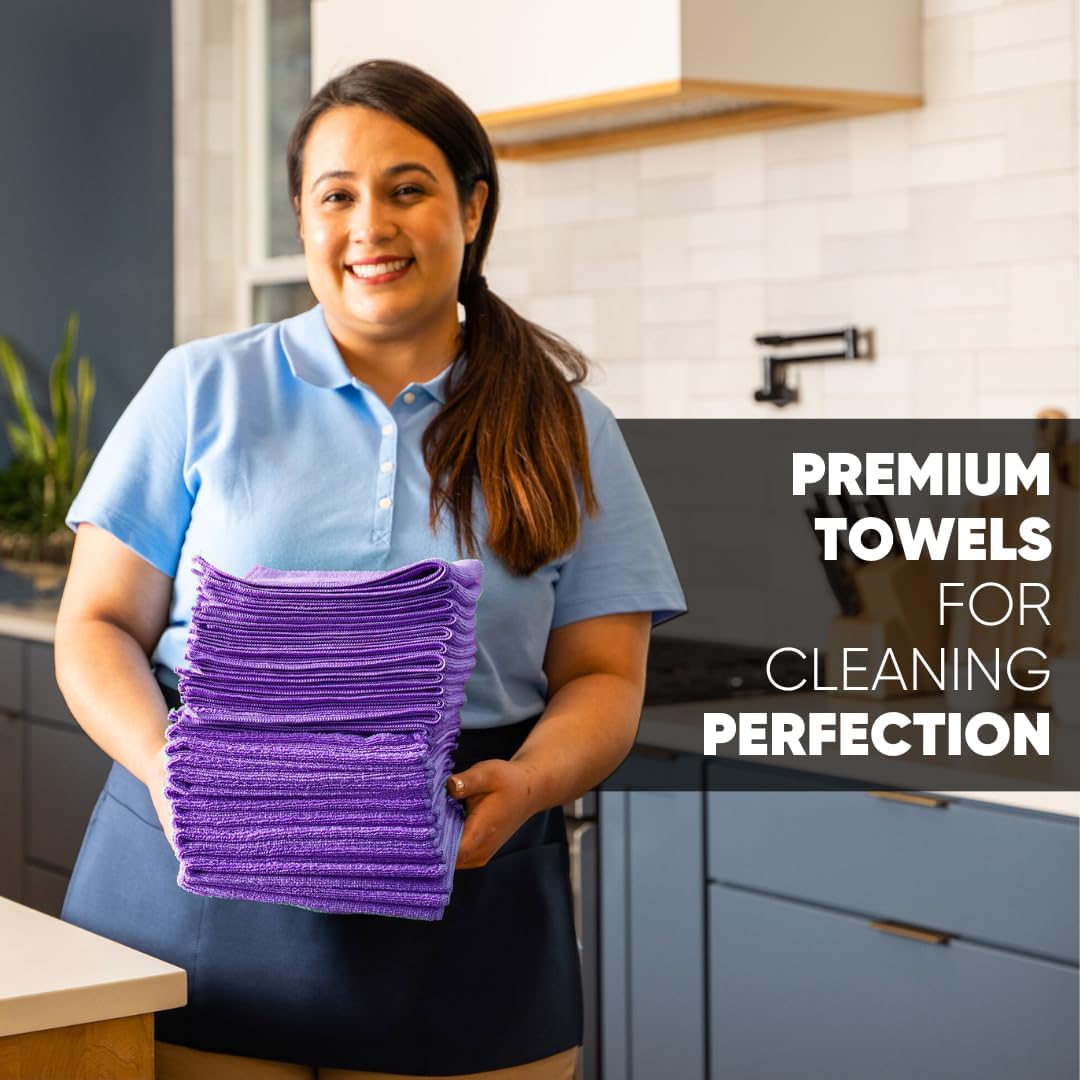 12" x 12" Pro Multi-Surface Microfiber Cleaning Cloths | Purple - 12 Pack | Premium Microfiber