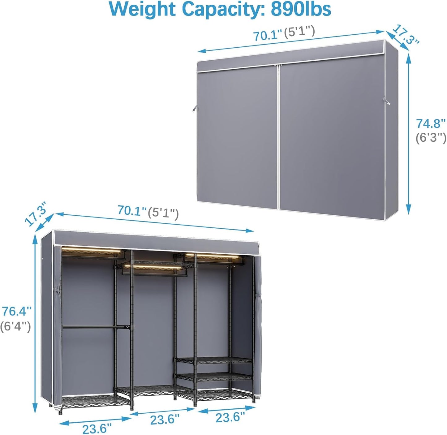 VIPEK V5LC Garment Rack Heavy Duty Covered Clothes Rack with Dimmable LED Lights, 3000K Warm White