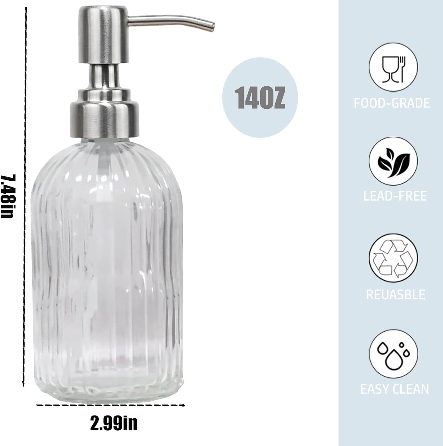 14Oz Clear Soap Dispenser Bathroom, Glass Hand Soap Dispensers with Stainless Steel Pump