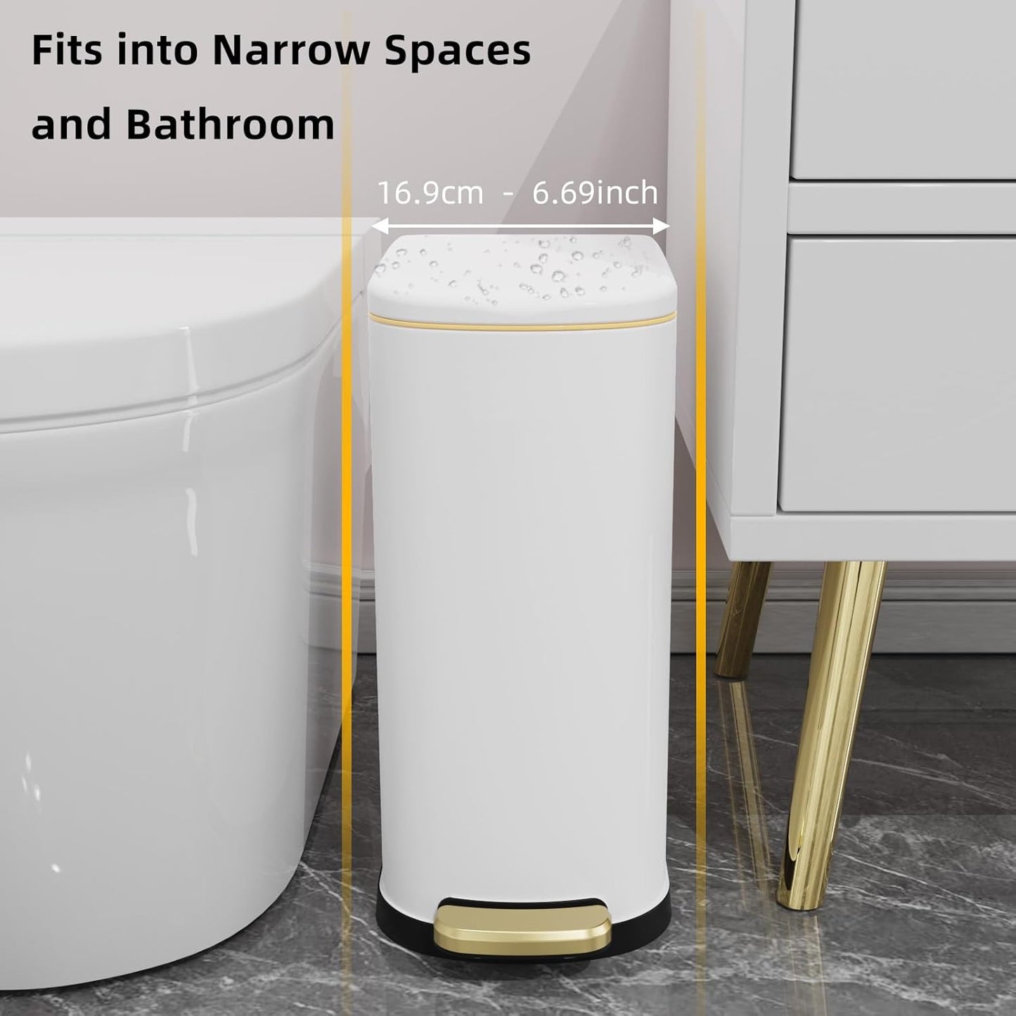 2.6 Gallon Slim Bathroom Trash Can with Soft Close Lid, 10L Stainless Steel Garbage Can with
