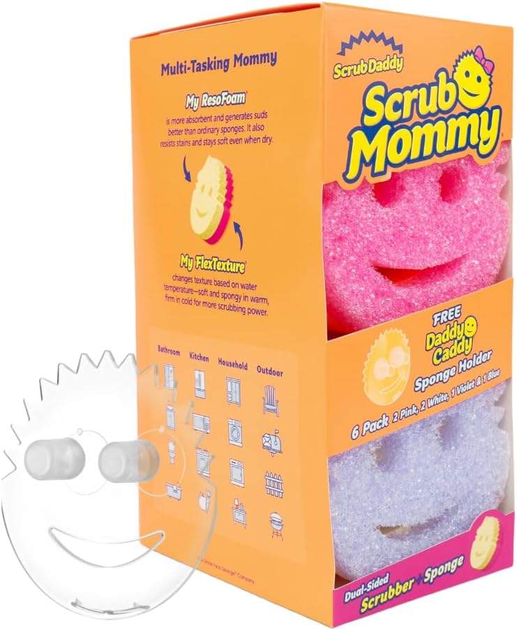 Scrub Daddy 6 Scrub Mommy Kitchen Sponges & 1 Daddy Caddy Sponge Holder - Scratch-Free for Dishes &