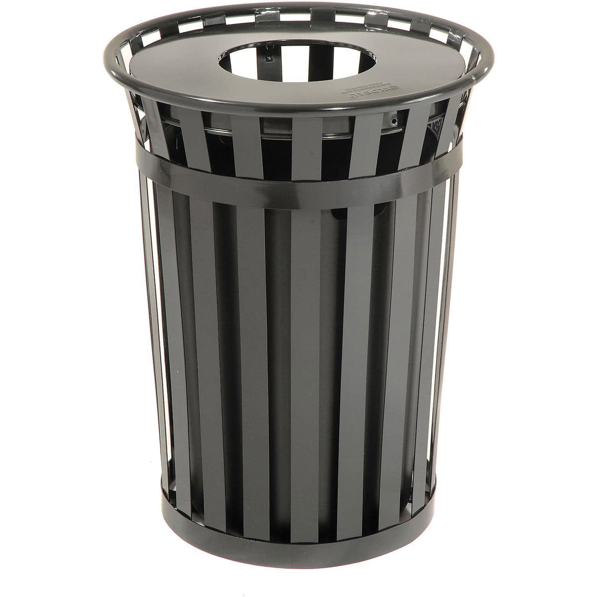 Global Industrial 36 Gallon Outdoor Slatted Steel Round Trash Can with Flat Lid, Plastic Liner &