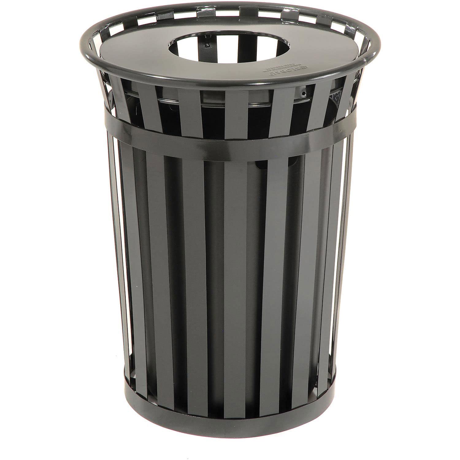Global Industrial 36 Gallon Outdoor Slatted Steel Round Trash Can with Flat Lid, Plastic Liner &