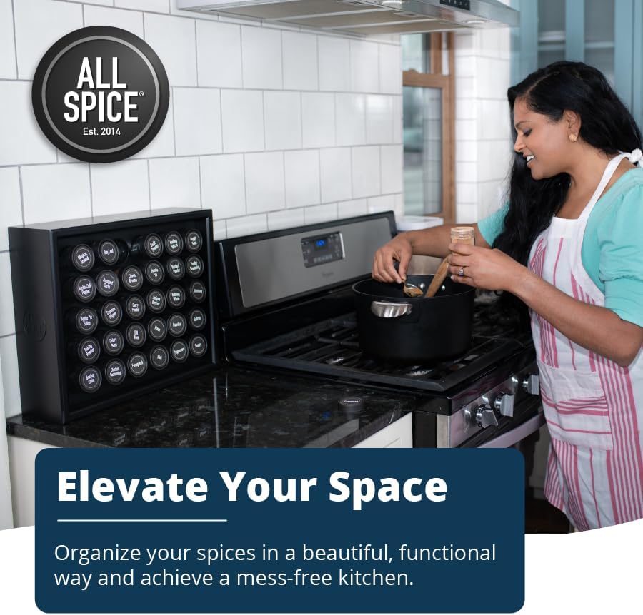 AllSpice Spice Rack Organizer, Wood, 525 Unique Labels, Countertop or Wall Mount, Includes 30 4oz
